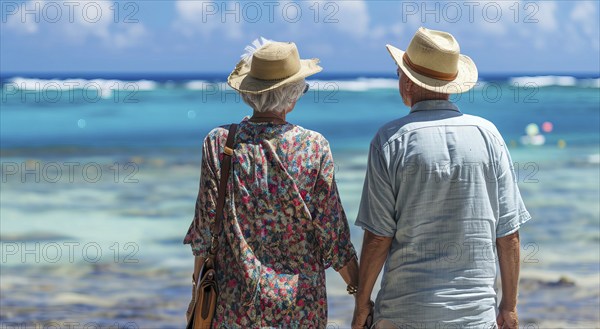 Healthy and happy active senior couple enjoying retirement close to a beach property, AI generated