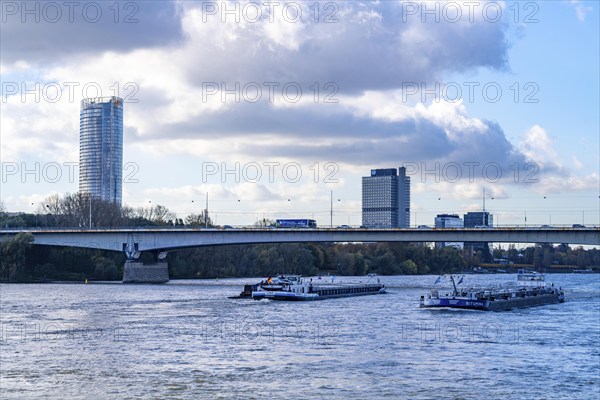 The Konrad Adenauer Bridge, South Bridge, A562 motorway bridge and 2 light rail lines, tram, UN Campus Bonn, Posttower, North Rhine-Westphalia, Germany, Europe