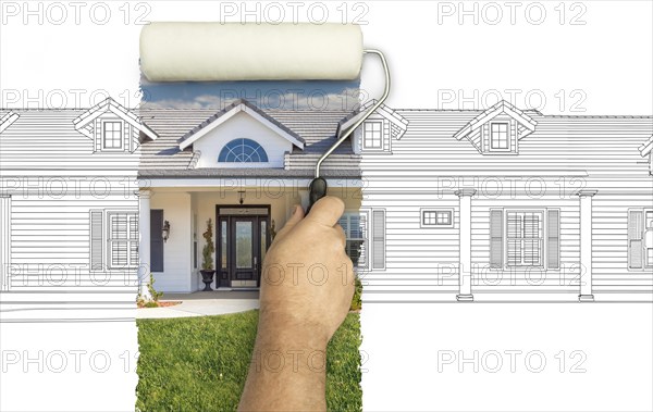 Before and after of man painting roller to reveal custom home photograph under pencil sketch drawing plans