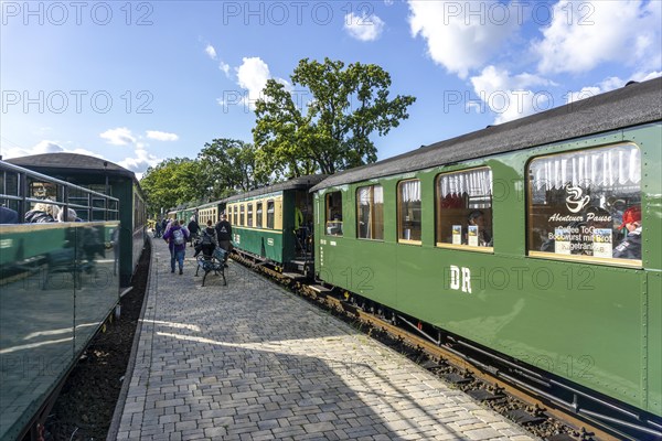 The historic steam train connection with the narrow-gauge train called the Rasenden Roland, the Rügensche BäderBahn, RüBB, here the Sellin Ost station, runs from Lauterbach Mole, Putbus, Binz, Sellin, Baabe to Göhren, Mecklenburg-Vorpommern, Germany, Europe