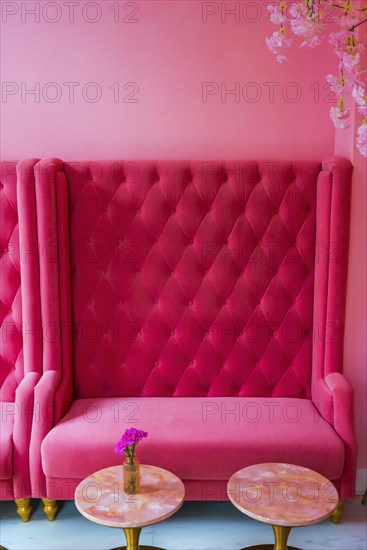 Vintage decoration in pink with plush sofa and table as furnishing, interior, design, upholstery, backdrop, interior, colour scheme, architecture, interior design