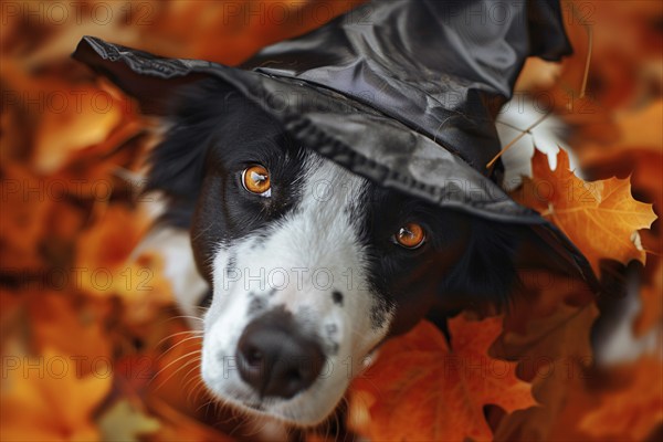 Close up of face of dog with Halloween costume witch hat between colorful autumn leaves. Generative AI, AI generated