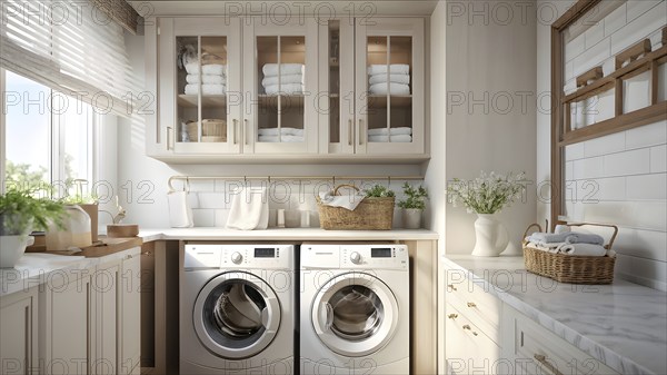 Real estate laundry room with modern stackable washer and dryer, AI generated