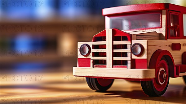 Vintage wooden fire engine toy with a playful design in front of blurred background, AI generated