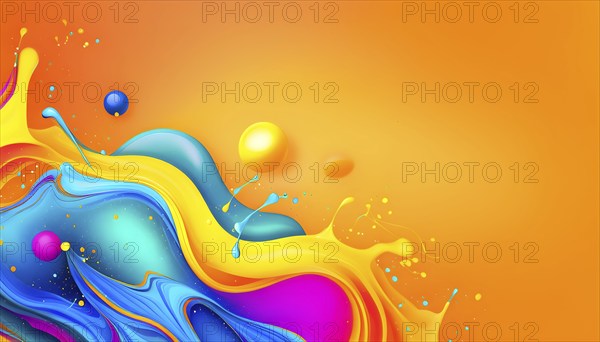 Abstract wallpaper with colorful turquoise and yellow blobs and liquid shapes on a orange background, AI generated