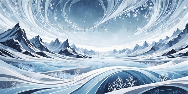 Abstract illustration of dreamy, icy landscape with swirling blues, whites, and silvers, evoking the feeling of a cold winter's breeze, AI generated