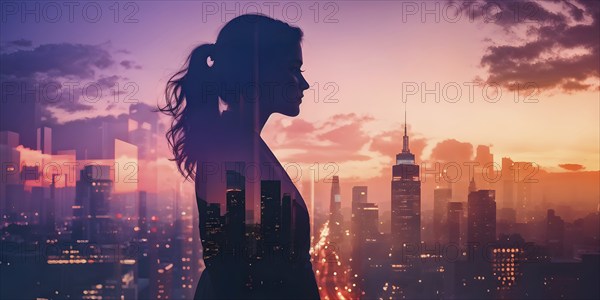 AI generated profile of a businesswoman with a double exposure of city lights, representing business success against an evening sky