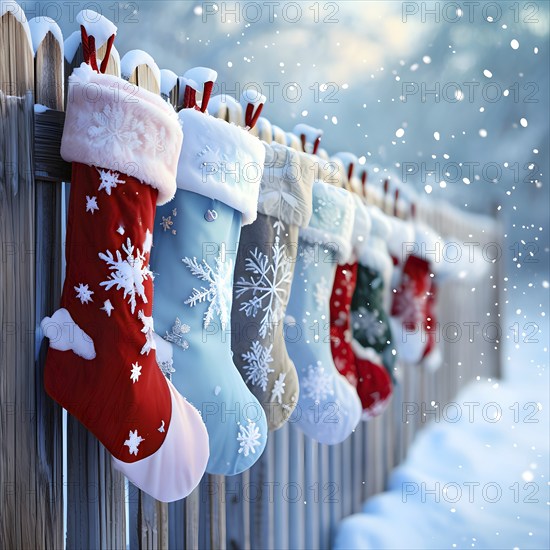 Row of Christmas stockings hanging from a snow-covered wooden fence, with delicate frost patterns forming on the colorful fabric, AI generated