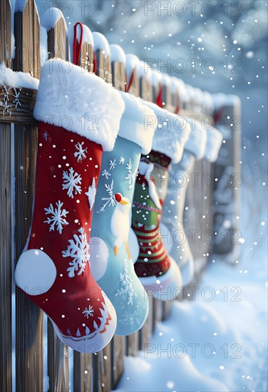 Row of Christmas stockings hanging from a snow-covered wooden fence, with delicate frost patterns forming on the colorful fabric, AI generated