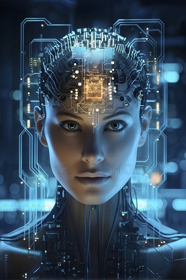 Illustration of a human brain merging with a woman's head intertwined with microchips and a processor, AI generated