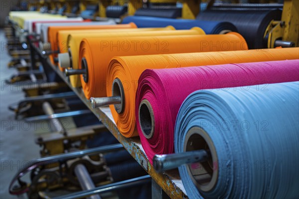 Rolls of fabric in textile factory. KI generiert, generiert, AI generated