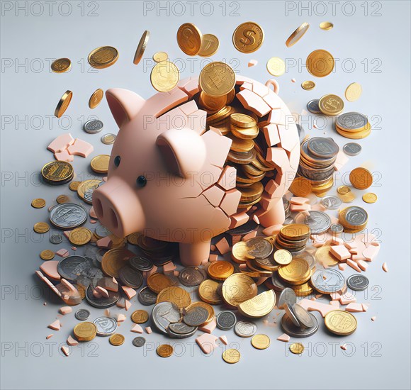 A piggy bank breaks and scatters coins. Symbol photo saving, saver, money, finance, monetary policy, saving, AI generated, AI generated