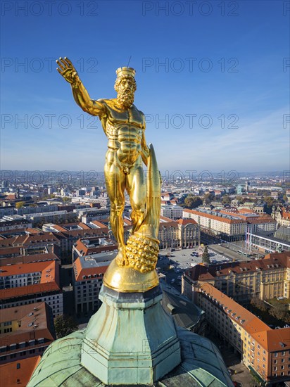 New Town Hall with Town Hall Tower and Golden Man with Cornucopia by Richard Guhr, aerial view, Dresden, Saxony, Germany, Europe