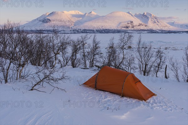 Tent in mountain landscape, Sarek National Park, World Heritage Laponia, Norrbotten, Lapland, Sweden, Sweden, Scandinavia, Europe