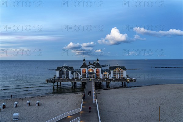 The pier of Sellin, evening mood, sunset, 394 metres long, with restaurant, jetty, beach chairs, island of Rügen, Mecklenburg-Western Pomerania, Germany, Europe