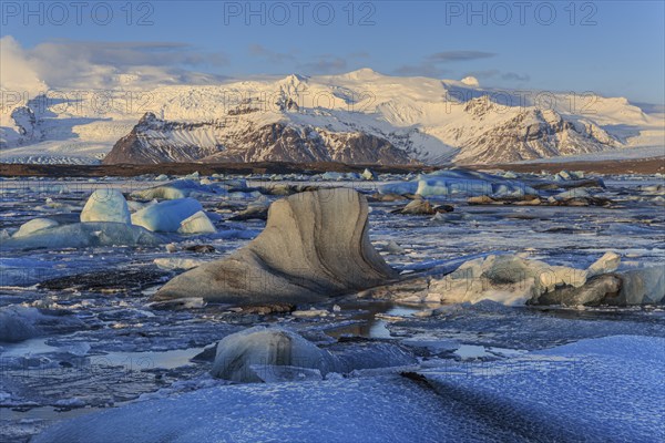 Ice floes in sea in front of glacier and mountains, morning light, Jökulsarlon, Vatnajökull, Iceland, Europe