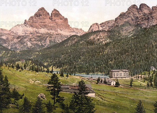 Lake Misurina, Lago di Misurina is a lake in the Dolomites in the province of Belluno in Veneto and the Three Peaks, Tyrol, formerly Austria-Hungary, today South Tyrol, Italy, Historical, digitally restored reproduction from a 19th century original, Record date not stated, Europe