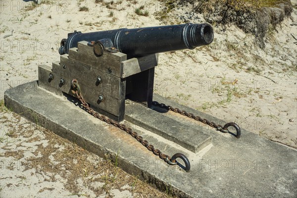 Old cannon at Sandhammaren lighthouse that gave sound signal in fog, Ystad municipality, Skåne, Sweden, Scandinavia, Europe