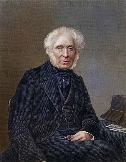 David Brewster (1781-1868) Scottish physicist. Optics (kaleidoscope and polarised light), editor of the Edinburgh Magazine in 1802 and the Edinburgh Encyclopaedia in 1808. On the table next to him is a stereoscope, one of the optical instruments he invented. Copperplate engraving, ca. 1870, Historic, digitally restored reproduction from a 19th century original, Record date not stated