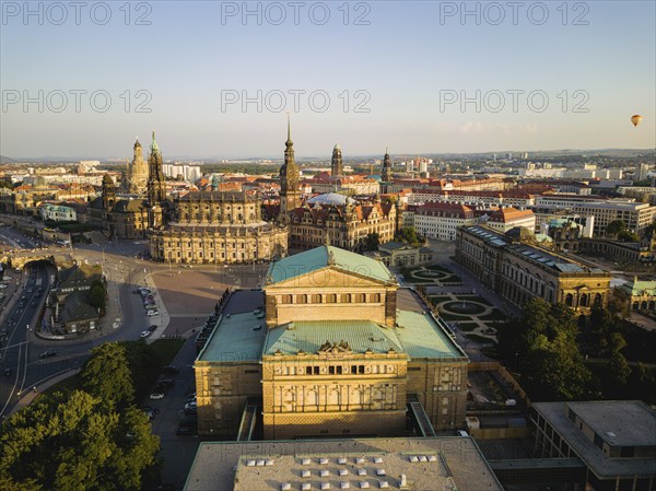 Aerial view of the historic old town with Semper Opera House, Court Church and Royal Palace on Theatre Square, Dresden, Saxony, Germany, Europe