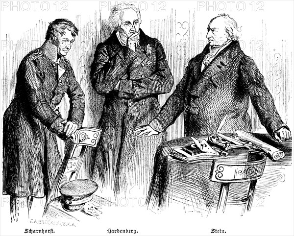 Portraits of Johann David von Scharnhorst, Prussian general, reformer of the Prussian army, military, Karl August Fürst von Hardenberg (1750-1822), state chancellor and reformer, Heinrich Friedrich Karl Freiherr vom und zum Stein, Prussian statesman, reformer and minister, table, files, standing, room, Prussia, historical illustration 1882