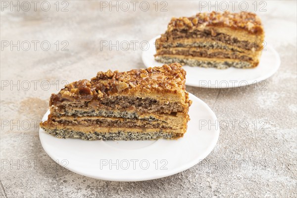 Walnut and hazelnut cake with caramel cream on brown concrete background. side view