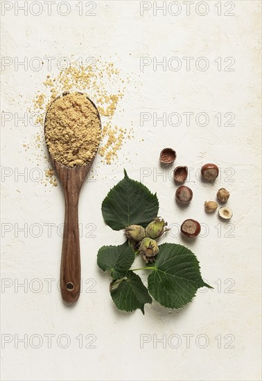 Wooden spoon with hazelnut flour, top view, no people, on a white table