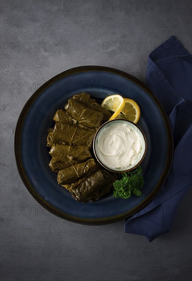 Dolma, cabbage rolls, grape leaves with filling, white sauce, lemon and herbs, rustic, selective focus, no people