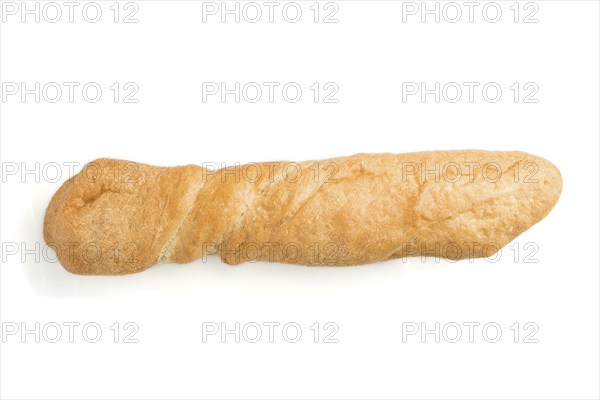 Fresh golden baguette with sesame seeds isolated on white background. top view, close up, flat lay