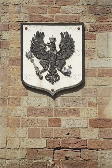 Coat of arms with black imperial eagle with crown, federal eagle, eagle figure, detail, German Gate, Saarlouis, Saarland, Germany, Europe