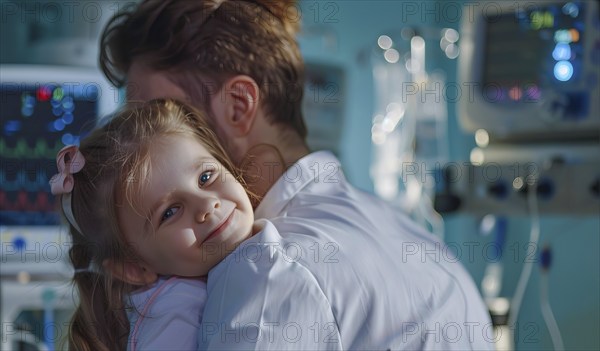 Doctor hugging little girl in hospital room. Smiling young girl being held by a doctor, AI generated