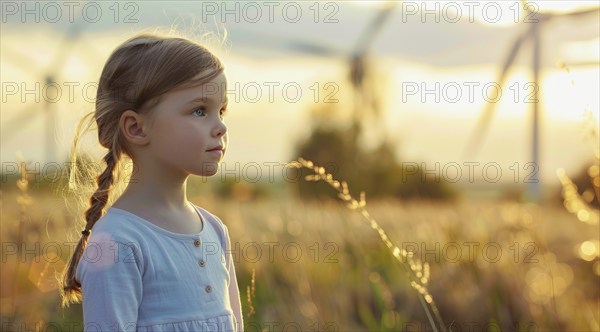 A girl stands in a field of flowers next to a wind farm that produces green sustainable energy, AI generated