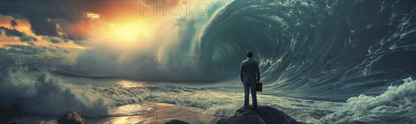 Banner of disheartened businessman standing on the shore in the midst of approaching turbulent crashing waves. feeling of overwhelming demands and impending doom, generative AI, AI generated