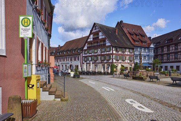 Bus stop Gengenbach town hall and mailbox with street and half-timbered houses in Gengenbach, Black Forest, Ortenaukreis, Baden-Württemberg, Germany, Europe