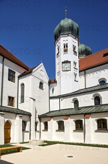 Romanesque monastery church of St Lambert, inner courtyard of the Benedictine abbey Kloster Seeon am Klostersee, Seeon-Seebruck, Chiemgau, Upper Bavaria, Bavaria, Germany, Europe