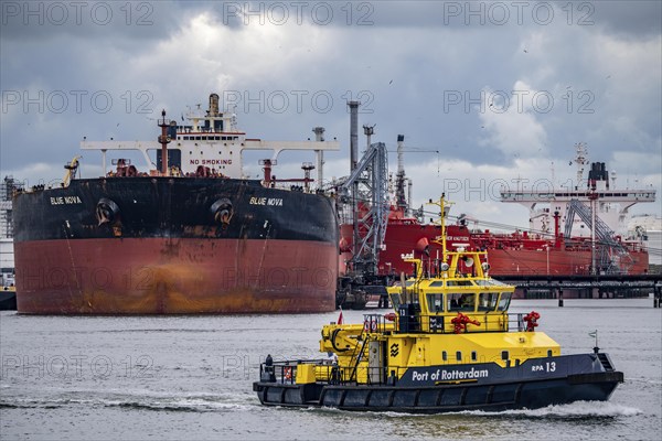 Large tanker for crude oil, Blü Nova, being unloaded, inland waterway vessel, harbour tug, in the petroleum harbour, seaport of Rotterdam, Maasvlakte, Rotterdam Netherlands