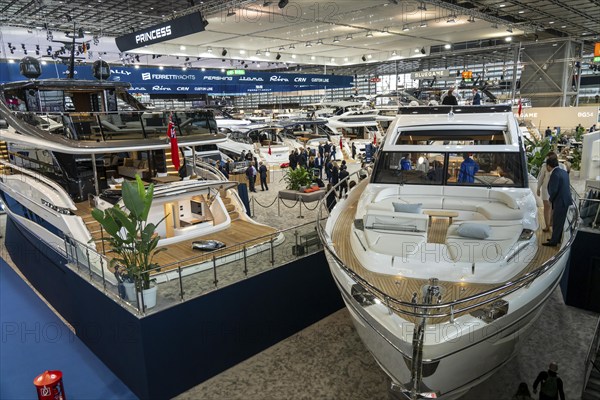 Large yachts, luxury yachts, in Hall 6 of BOOT 2024, the world's largest yacht and water sports trade fair in Düsseldorf, North Rhine-Westphalia, Germany, Europe