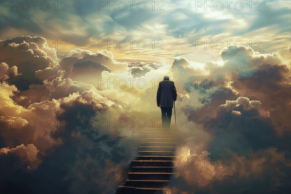 An old man ascends to heaven on a staircase, symbolising death, mourning, the afterlife, psychology, parapsychology, AI generated, AI generated, AI generated