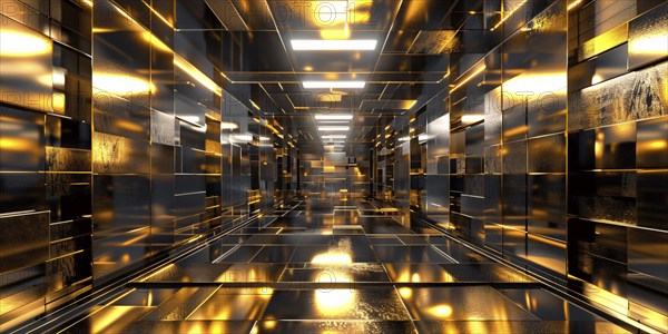 Futuristic golden hallway room. KI generiert, generiert, AI generated