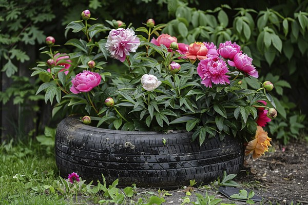 Upcycling idea with old car tire used as creative flower pot for peony flowers. Generative Ai, AI generated