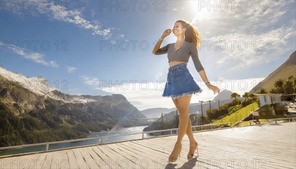 Woman in a denim skirt and sandals stands on a sunny wooden terrace with a view of mountains and a lake, KI generated, AI generated