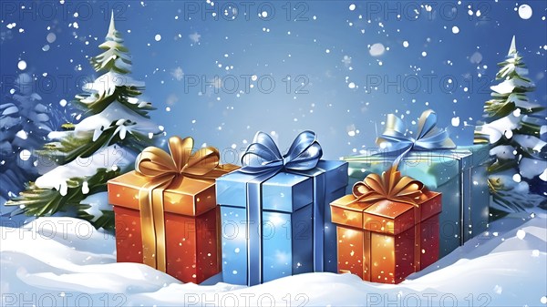 Abstract illustration of wrapped Christmas gifts, shiny ribbons and bows, stacked under a snow-dusted evergreen tree in a snowy outdoor setting, AI generated