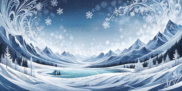 Abstract illustration of dreamy, icy landscape with swirling blues, whites, and silvers, evoking the feeling of a cold winter's breeze, AI generated