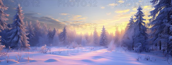 Peaceful snowy forest clearing at dawn with snow softly blanketing the ground and frost-covered pine trees, AI generated