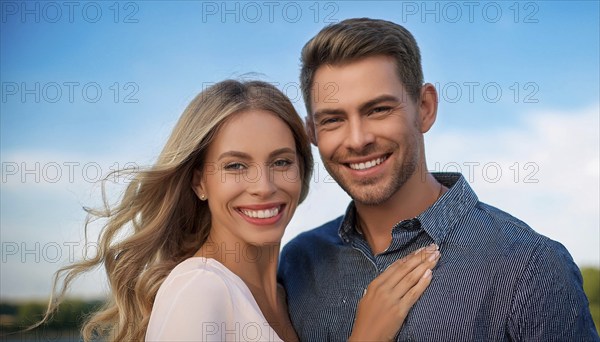 AI generated, An attractive couple, man, woman, 25, 30, years, portrait, beautiful teeth, two people, outdoor shot, studio, AI generated