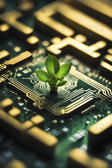 Plant growing on a computer chip representing digital ecology business, AI generated