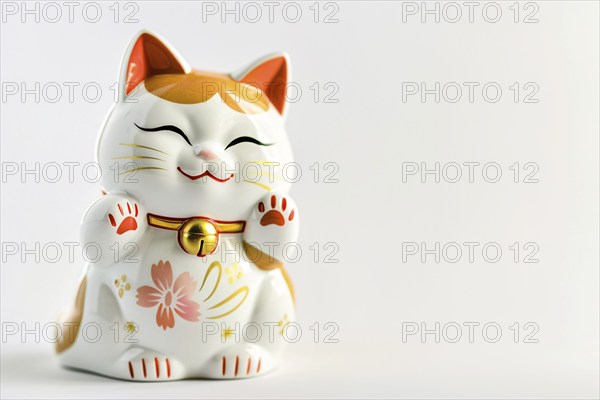 Cute Japanese Maneki Neko winking cat sculpture on white background with copy space. KI generiert, generiert, AI generated