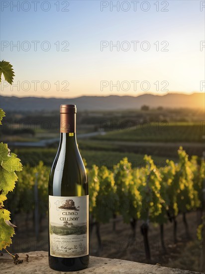 Aged bottle of wine glowing under the low sun with a vineyard in the background, AI generated