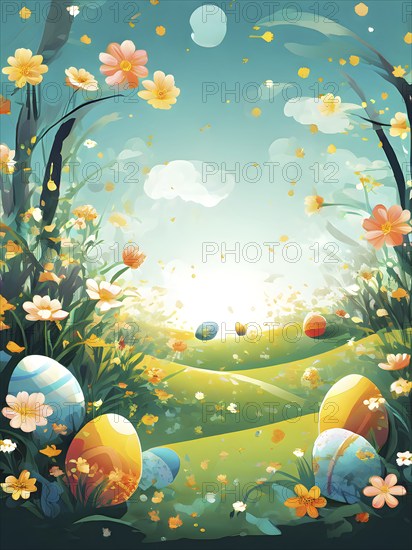 Surreal Easter scene with floating eggs, ribbons, and flowers in a dreamlike, whimsical composition of light and shadow, AI generated