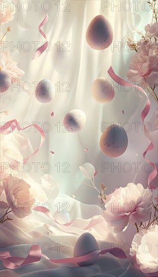 Surreal Easter scene with floating eggs, ribbons, and flowers in a dreamlike, whimsical composition of light and shadow, AI generated